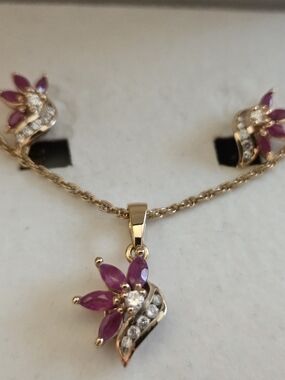 Gold Floral Pendant Necklace and Earrings Set with Ruby Gemstones
